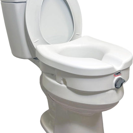 Carex Raised Toilet Seat with Lock, 5-inch height boost, ergonomic design, easy installation, ideal for elderly and mobility-impaired users”
