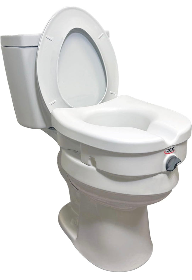 Carex Raised Toilet Seat with Lock, 5-inch height boost, ergonomic design, easy installation, ideal for elderly and mobility-impaired users”
