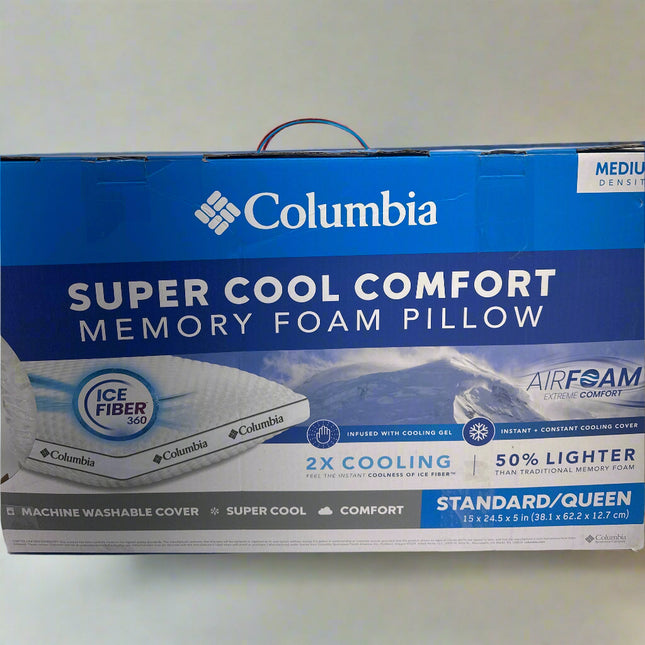 Columbia Super Cool Comfort Memory Foam Pillow - Medium Density, New Open Box