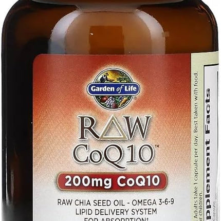 Garden of Life Raw CoQ10 200mg, with Omega 3 6 9 for Heart Health, 60ct - EXP- 11/2026