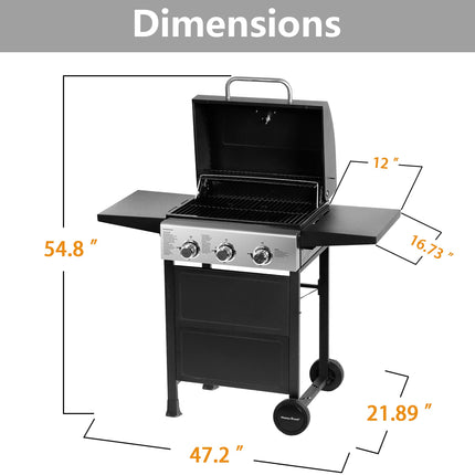 MASTER COOK 3 Burner BBQ Propane Gas Grill, 472 Sq. In. Cooking Area, 30,000 BTU Stainless Steel Barbecue Grill with Two Foldable Shelves for Outdoor Patio, Backyard