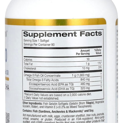 California Gold Nutrition Omega 800 Ultra-Concentrated Omega-3 Fish Oil, 1,000 mg, 90 Fish Gelatin Softgels - New, Exp. 03/2027