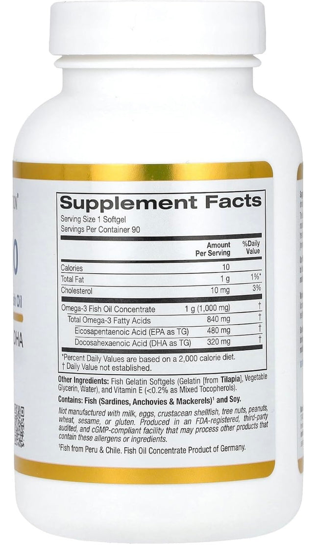 California Gold Nutrition Omega 800 Ultra-Concentrated Omega-3 Fish Oil, 1,000 mg, 90 Fish Gelatin Softgels - New, Exp. 03/2027