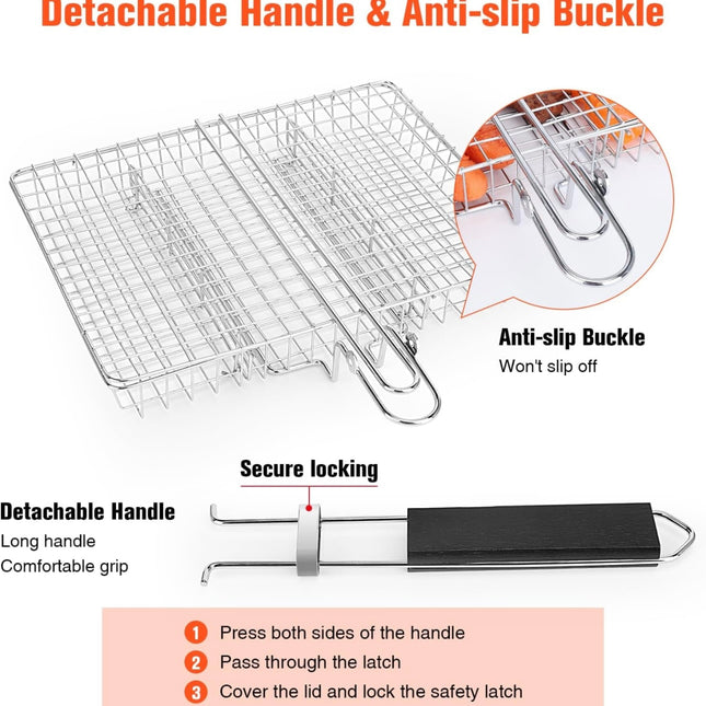 WADEO 1PC Stainless Steel Foldable BBQ Basket with Handle - Portable Grilling Basket for Fish, Shrimp, Vegetables, and Barbeque Cooking Accessories