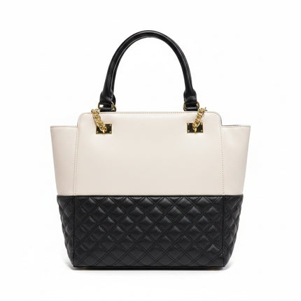 Anne Klein Two-Tone Quilted Satchel Handbag Cream & Black Gold Chain Accent