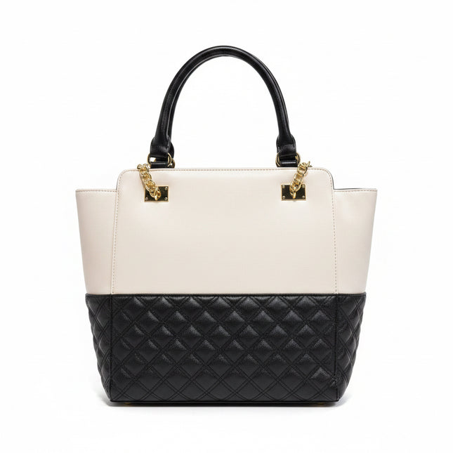 Anne Klein Two-Tone Quilted Satchel Handbag Cream & Black Gold Chain Accent