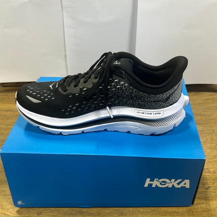 “Discounted Hoka One One Women’s Kawana Running Shoes in Size 8.5B, Blue/White color, shown with product label on the box.”