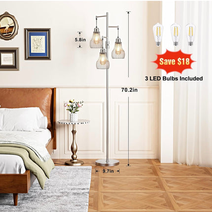 Dimmable Floor Lamp, Farmhouse Industrial Standing Tree Lamp with Edison Bulbs - New