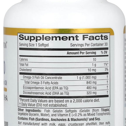 California Gold Nutrition Omega 800 Ultra-Concentrated Omega-3 Fish Oil, 1,000 mg, 30 Fish Gelatin Softgels - New, Exp. 03/2027