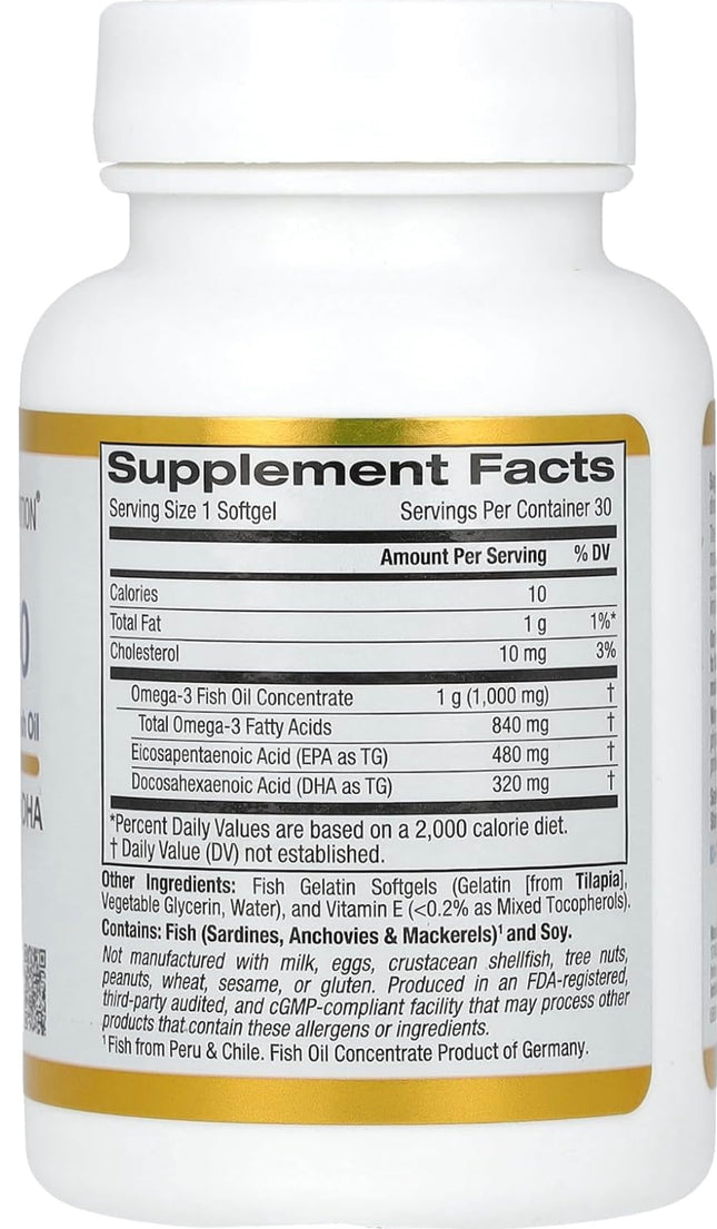 California Gold Nutrition Omega 800 Ultra-Concentrated Omega-3 Fish Oil, 1,000 mg, 30 Fish Gelatin Softgels - New, Exp. 03/2027