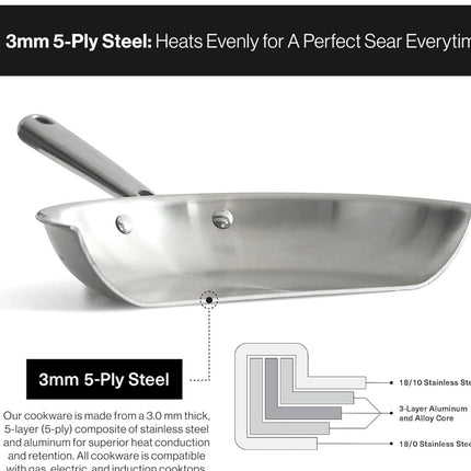 Misen 5-Ply Professional Stainless Steel Pan - 12 Inch Fry Pan, Superior Heat Retention and Ergonomic Handle