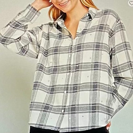 ANA. Rhinestone Cowgirl Flannel Shirt in Lana Plaid Cream, Size 3XL, New