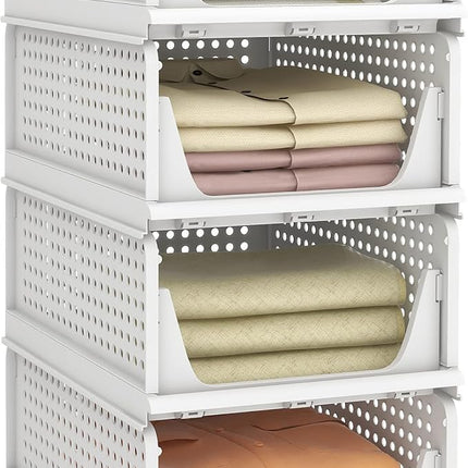 AOSION Stackable Plastic Storage Baskets - 4-Pack Foldable Closet Organizers, Drawer Shelf Storage Containers for Wardrobe, Kitchen, Bathroom, Office, Dorm - White, 