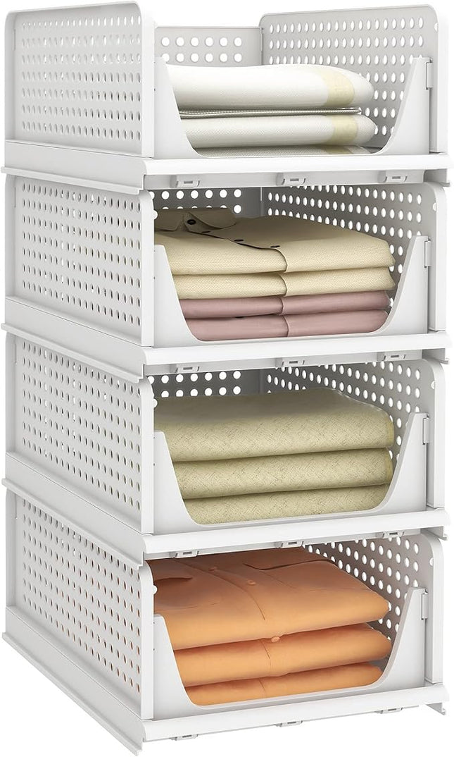 AOSION Stackable Plastic Storage Baskets - 4-Pack Foldable Closet Organizers, Drawer Shelf Storage Containers for Wardrobe, Kitchen, Bathroom, Office, Dorm - White, 