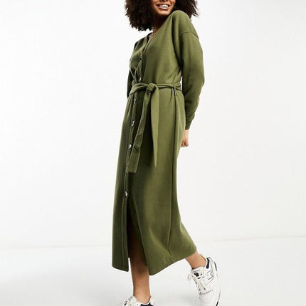 ASOS DESIGN Supersoft Button Through Maxi Cardigan Belted Dress Khaki M - New with Tags