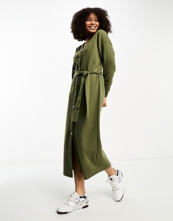 ASOS DESIGN Supersoft Button Through Maxi Cardigan Belted Dress Khaki M - New with Tags