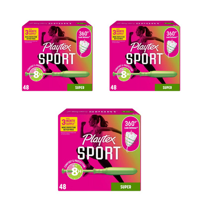 Playtex Sport Plastic Tampons Unscented Super Absorbency - 48ct x 3 Boxes 144 Total