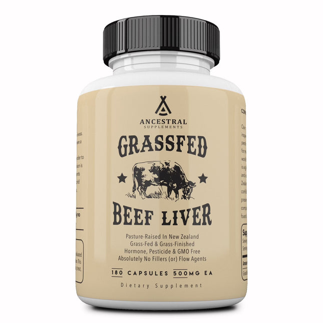 Ancestral Supplements Beef Liver, Grass-Fed, Natural Iron, Vitamin A, B12 for Energy, 180 Capsules