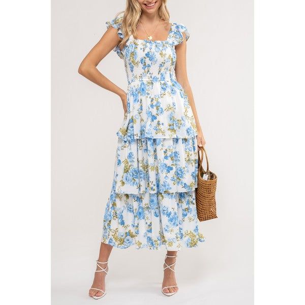 August Sky Women's Floral Tiered Midi Dress, New Without Tags