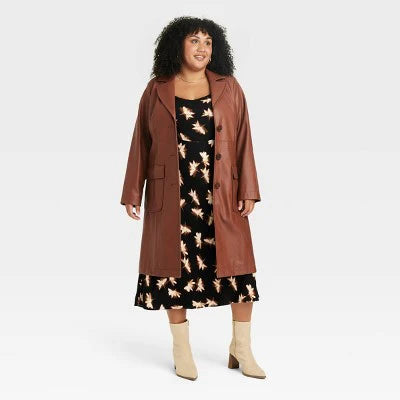 Ava & Viv Women's Faux Leather Trench Coat, Brown, New, Size 2XL

