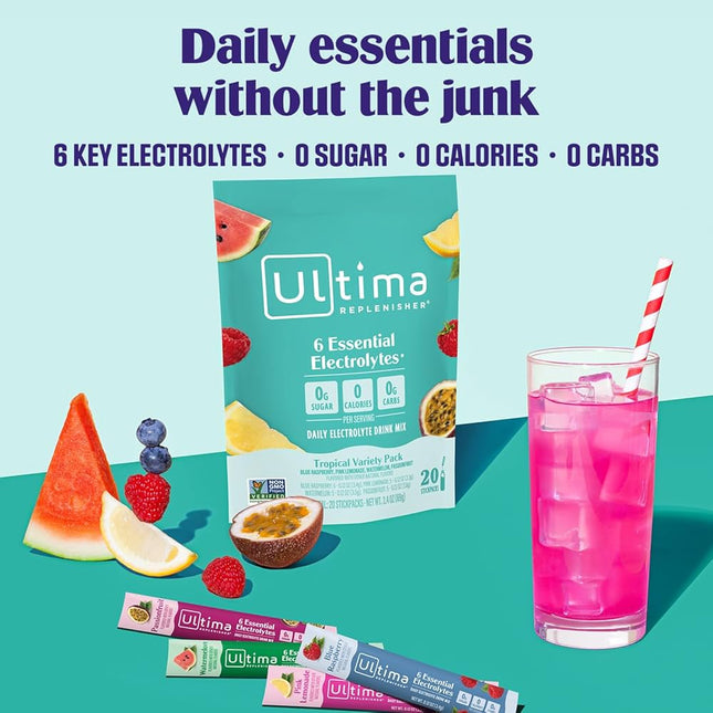 Ultima Replenisher Daily Electrolyte Powder – Tropical Variety Pack, 20 Stickpacks – EXP. 11/2027