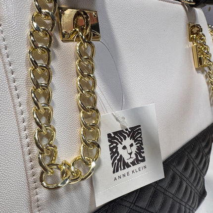Anne Klein Two-Tone Quilted Satchel Handbag Cream & Black Gold Chain Accent