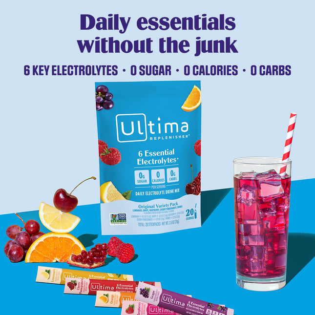 Ultima Replenisher Daily Electrolyte Powder – Blue Raspberry, 20 Stickpacks – EXP. 10/2027