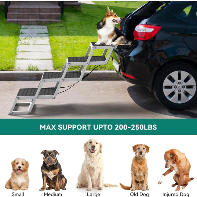 YITAHOME Dog Car Ramps for Large Dogs, Portable Foldable Dog Stairs with Non-Slip Surface, Aluminum Dog Steps for Cars SUV, High Beds & Trucks, Support up to 200lbs, 4 Steps Extra Wide - New Open Box