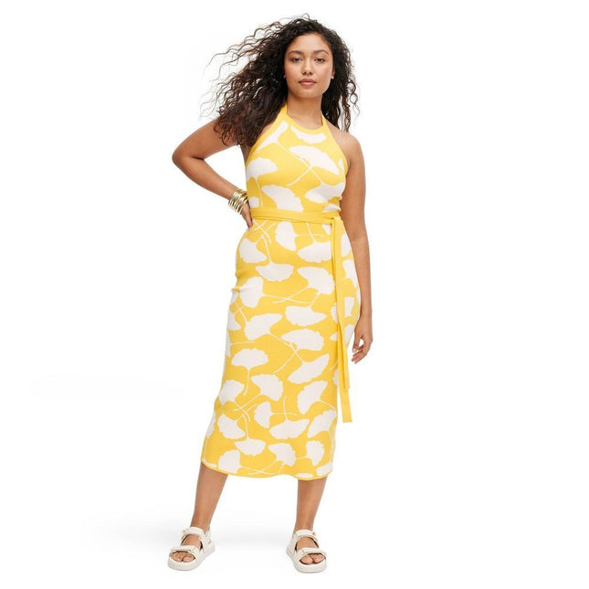 Diane Von Furstenberg Yellow Floral Midi Dress Size L - New with Minor Flaws