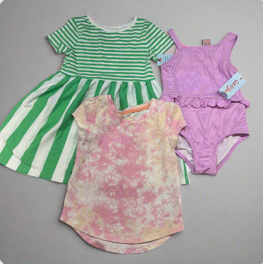 Baby Girls’ 3-Pack Green Striped Dress, Pink Tie-Dye T-Shirt & Purple Swimsuit Size 4T - New