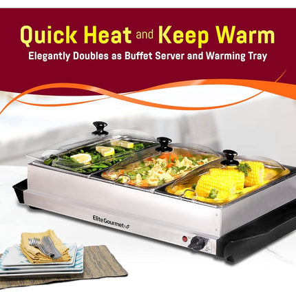 Elite Gourmet EWM-6171 Triple Buffet Server with 7.5 Qt Stainless Steel Trays, New Open Box