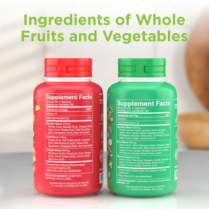 Balance of Nature Fruits & Veggies Supplements - Whole Fruit and Vegetable Ingredients - 90 Fruits Capsules, 90 Veggies Capsules.
