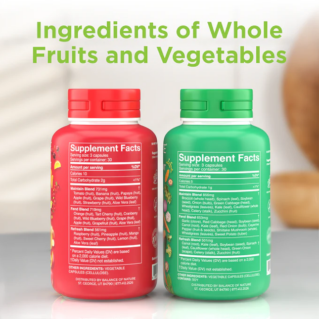 Balance of Nature Fruits & Veggies Supplements - Whole Fruit and Vegetable Ingredients - 90 Fruits Capsules, 90 Veggies Capsules.