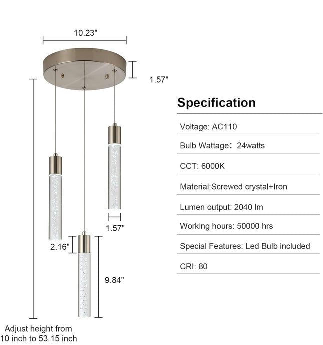 VOTAG 3-Light Pendant Light Fixture - Satin Nickel, Dimmable LED, Bubble Crystal Design, Open Box