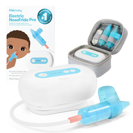 Frida Baby Electric NoseFrida Pro with packaging and accessories on a white background