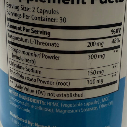 NeuroActivate Capsules Magnesium Bacopa Rhodiola Cognitive Health 60 Caps