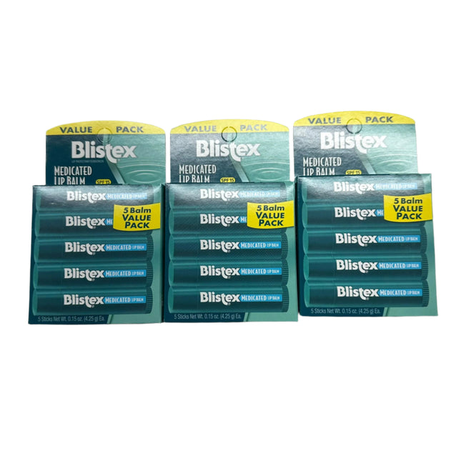 Blistex Medicated Lip Balm Value Pack - 3 Sets of 5 Sticks, SPF 15, Exp 01/26, New

