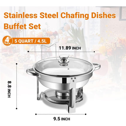 PESFEEL Chafing Dish Buffet Set, 4 Pack, 5QT Stainless Steel Round Buffet Servers and Warmers with Glass Lid - New Open Box