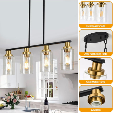 KPIOK Island Light Fixture, 4-Light Dining Room Pendant with Clear Glass Shades - New Open Box