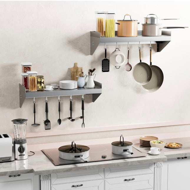 Stainless Steel Wall-Mounted Shelf with 5 Hooks, 24” x 12”,  Open Box with Minor Scratch on  the bottom