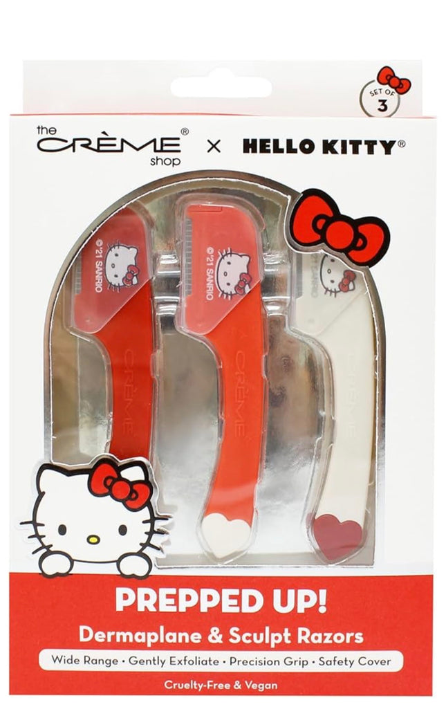 The Crème Shop | Hello Kitty | Prepped Up! Dermaplane & Sculpt Razors | Wide Range | Gently Exfoliate | Precision Grip | Set of 3 | Safety Covers Included! - Red (3PC)