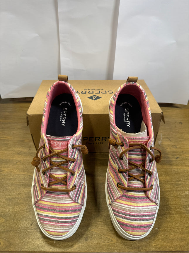 Sperry Women’s Pier Wave LTT Chambray Multicolor sneakers in size 12, showing both pairs