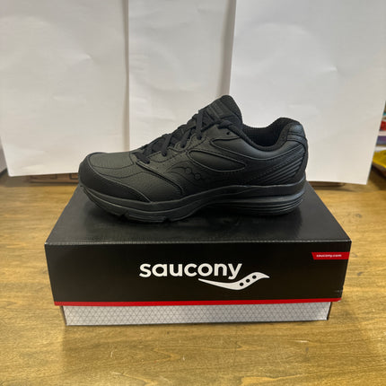 Saucony Women’s Integrity Walker 3 shoe box, size 7.5, Black, showing product label and Saucony logo.