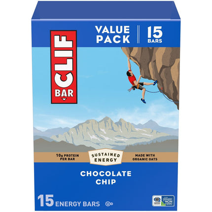 Clif Bar Chocolate Chip Energy Bars Value Pack featuring 15 individual 2.4 oz plant-based bars made with organic oats (Mar 09, 2027)