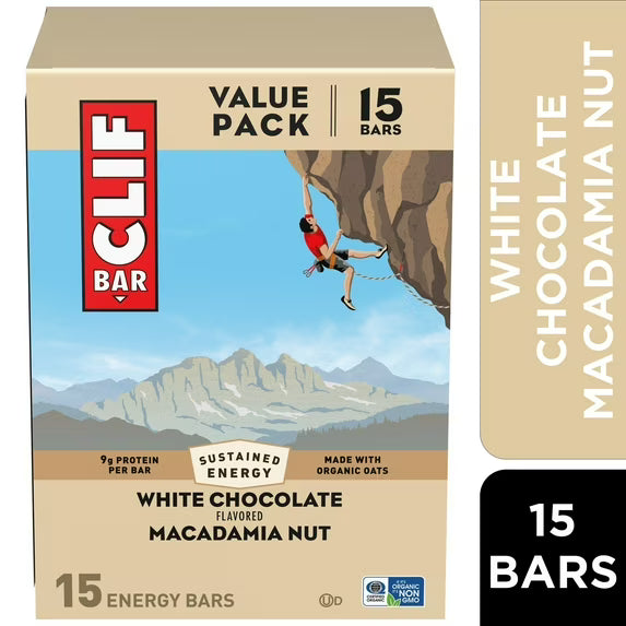 Clif Bar White Chocolate Macadamia Nut Energy Bar Value Pack, containing 15 individual 2.4 oz bars made with organic rolled oats (Mar 02, 2027)