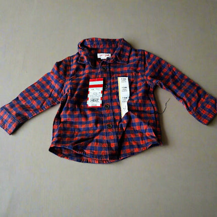 Cat & Jack 12M Button Down Checkered Orange Blue Shirt, New


