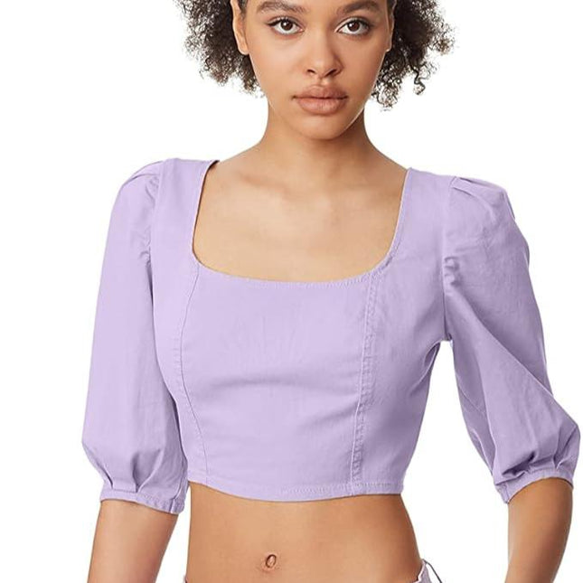 Circus NY Women's Purple Smocked Back Puff Short Sleeve Crop Top