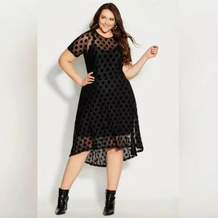 City Chic Women's Black Mesh Polka Dot Hi-Low Midi Dress,