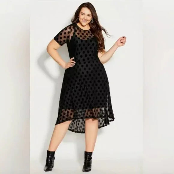 City Chic Women's Black Mesh Polka Dot Hi-Low Midi Dress,