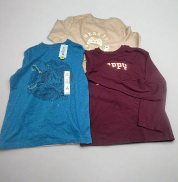 Boys’ 3-Pack Blue Dino, Beige “Here to Play” & Maroon “Happy & Thankful” Tops Size M (8) - New